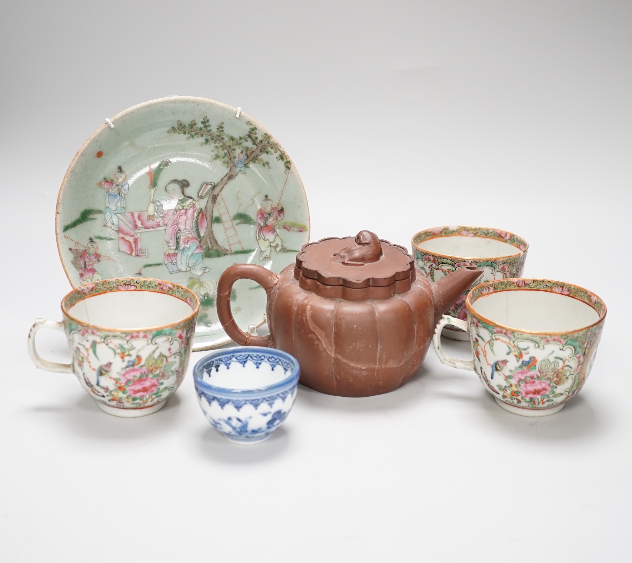 Chinese and Japanese ceramics, including Canton cups and blue and white teabowl, seven various Chinese famille rose dishes, 19th century, a Chinese Yixing teapot and a bronze censer
